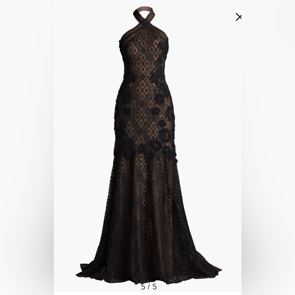 Tadashi Shoji Embroidered Sequin Lace Halter Neck Gown
